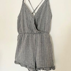 Grey & Blue Stripped Romper With Frills